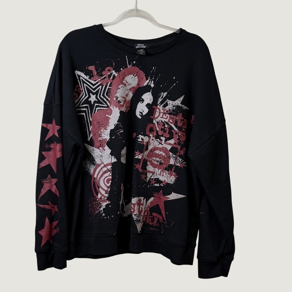 Social Collision Graphic Sweatshirt Black Red Stars XL Y2K Grunge Streetwear